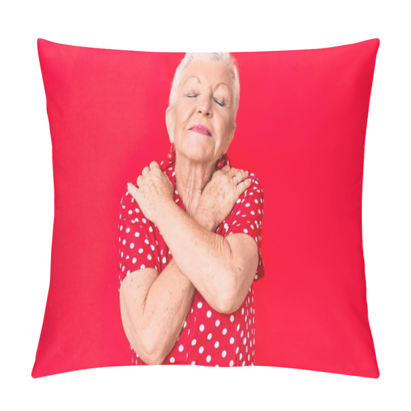 Personality  Senior Beautiful Woman With Blue Eyes And Grey Hair Wearing Casual Summer Clothes Over Red Background Hugging Oneself Happy And Positive, Smiling Confident. Self Love And Self Care  Pillow Covers