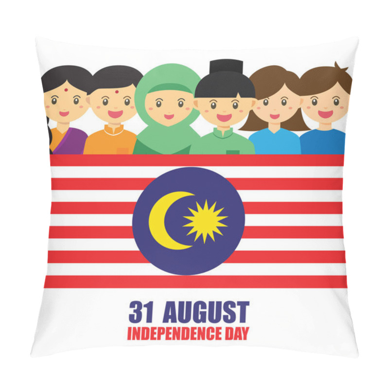 Personality  Malaysia National / Independence Day Illustration. Cute Cartoon Character Kids Of Malay, Indian & Chinese Hand In Hand With Malaysia Flag Icon. Pillow Covers