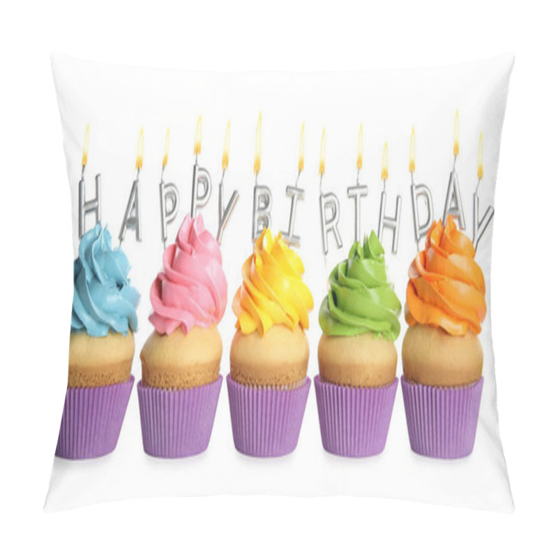 Personality  Birthday Cupcakes With Candles On White Background Pillow Covers