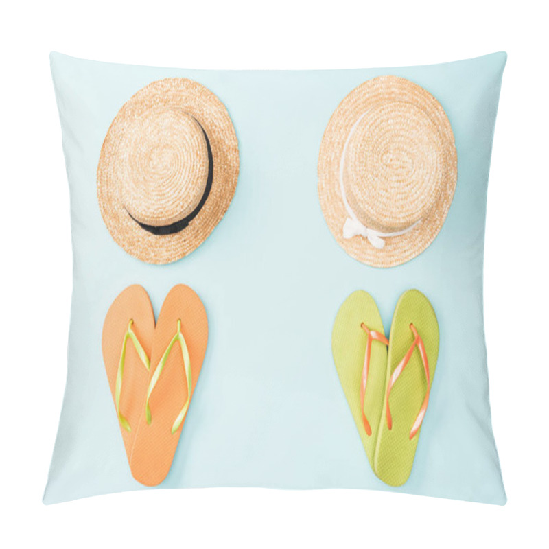 Personality  Top View Of Straw Hats And Flip Flops On Blue Background Pillow Covers