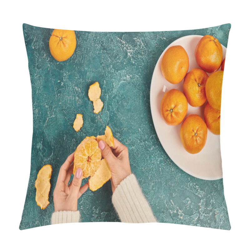 Personality  Partial View Of Woman Peeling Fresh Ripe Mandarin On Blue Textured Surface, Christmas Concept Pillow Covers