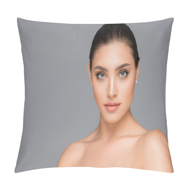 Personality  Beautiful Woman Posing Isolated On Grey Pillow Covers