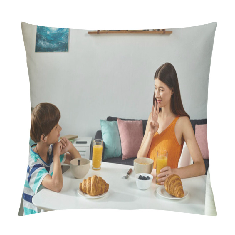 Personality  A Boy With Hearing Impairment Shares Breakfast With His Mother Using Sign Language. Pillow Covers