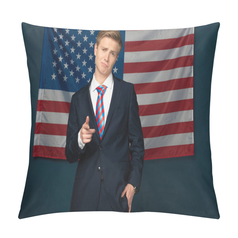 Personality  Man Pointing With Finger At Camera On American Flag Background Pillow Covers