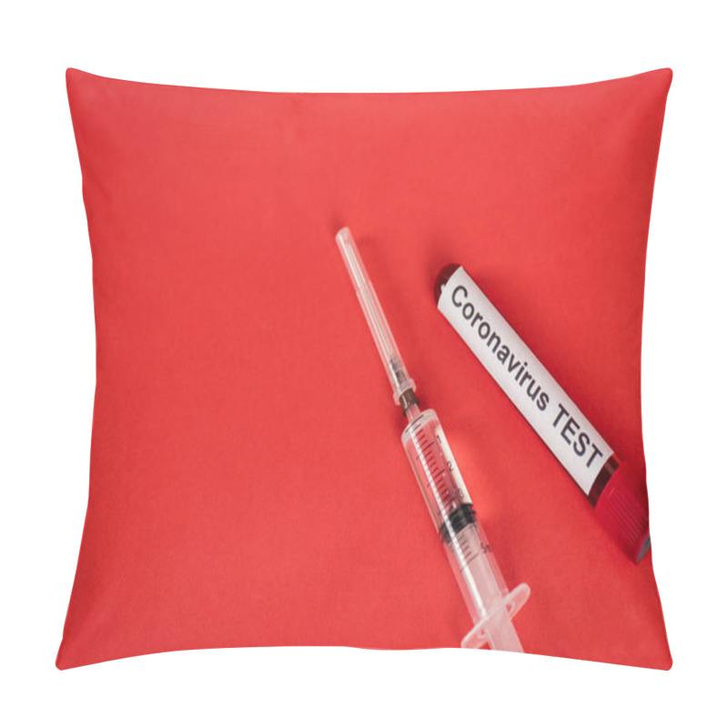 Personality  Top View Of Sample With Coronavirus Test Lettering Near Syringe On Red Pillow Covers