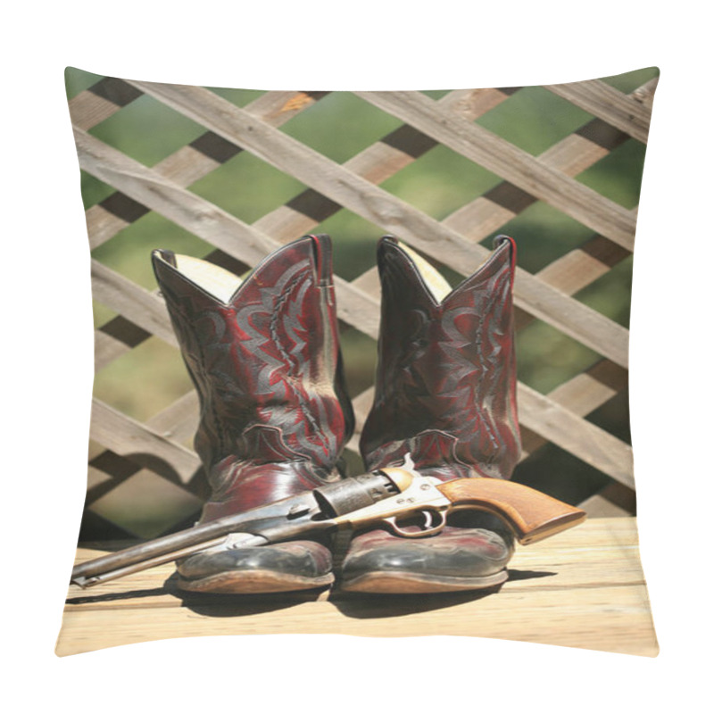 Personality  Cowboy Boots. Western Wear. Cowboy Boots, Cowboy Hat And Six Shooter Pistol. A Pair Of Red Leather Western Boots With A Golden Straw Hat. Rustic Western Image Of Cowboy Boots, Cowboy Hat, And Gun. Decorative Cowboy Boots. Cowboy Boots And Hat. Pillow Covers