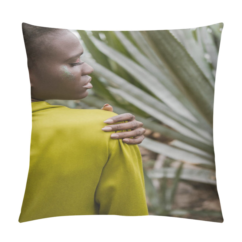 Personality  Back View Of Beautiful Stylish African American Girl With Glitter Makeup Posing In Yellow Dress Pillow Covers