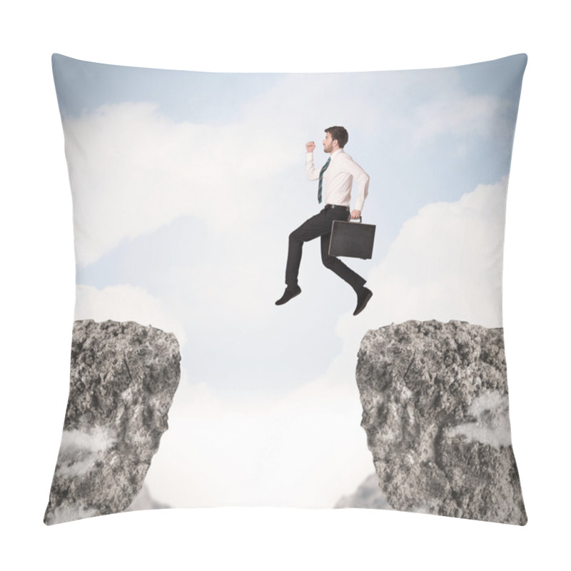 Personality  Funny Business Man Jumping Over Rocks With Gap Pillow Covers