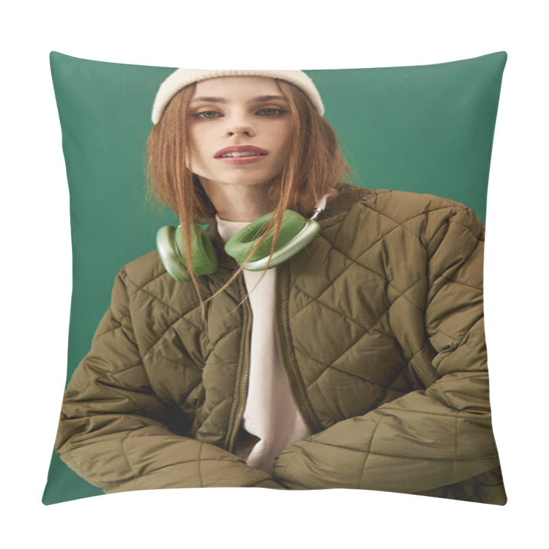 Personality  Young Woman With Anorexia Poses Confidently Against A Green Backdrop, Showcasing Her Beauty. Pillow Covers