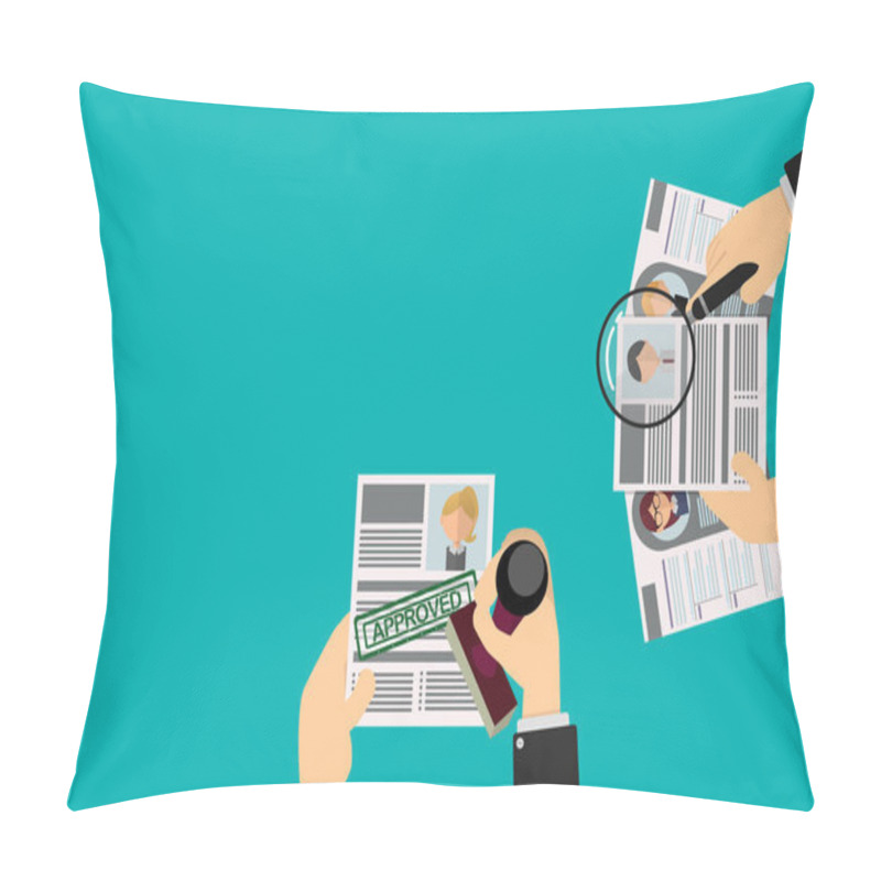 Personality  Office Recruiter Recruits Desk Resume Candidates For Vacancy. Curriculum Vitae Approved For Office Worker. HR Staff Reviews Other Candidates With Magnifying Glass Pillow Covers