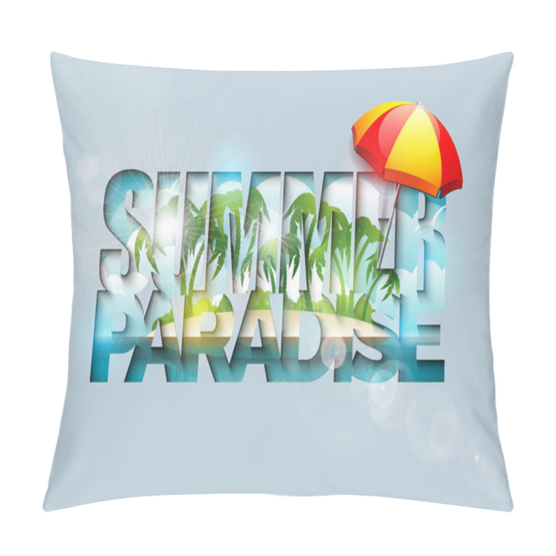 Personality  Summer Holiday Illustration With Paradise Island And Tropical Palm Trees In Cutting Typography Letter On Clean Background. Vector Holiday Design With Ocean Landscape And Sunshade For Banner, Flyer Pillow Covers