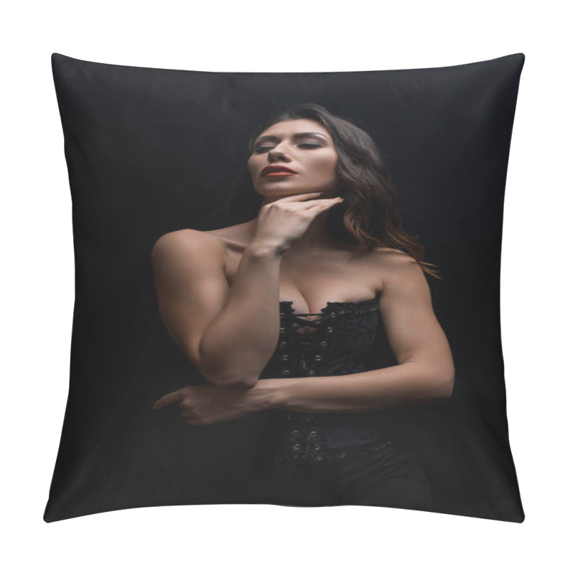 Personality  Sensual Woman With Hand By Chin Looking Away Isolated On Black Pillow Covers