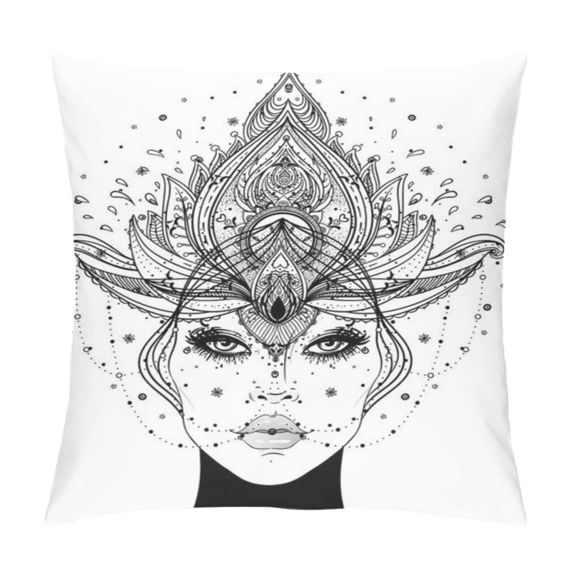 Personality  Tribal Fusion Boho Diva. Beautiful Asian Divine Girl With Ornate Crown, Kokoshnik Inspired. Bohemian Goddess. Hand Drawn Elegant Illustration. Lotus Flower, Ethnic Art, Patterned Indian Paisley. Pillow Covers