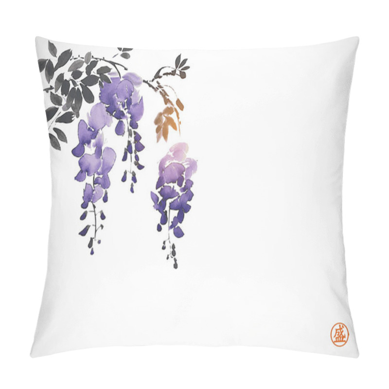 Personality  Ink Painting Of Blooming Wisteria. Traditional Oriental Ink Painting Sumi-e, U-sin, Go-hua. Translation Of Hieroglyph - Bloom. Pillow Covers