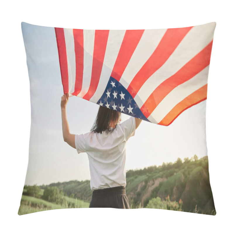 Personality  4th Of July. Fourth Of July. American Woman With The National American Flag Against Beautiful Landmark. Independence Day. Beautiful Sunset Light. Patriotic Holiday, Democracy Respect And Veteran Respect Concept Pillow Covers