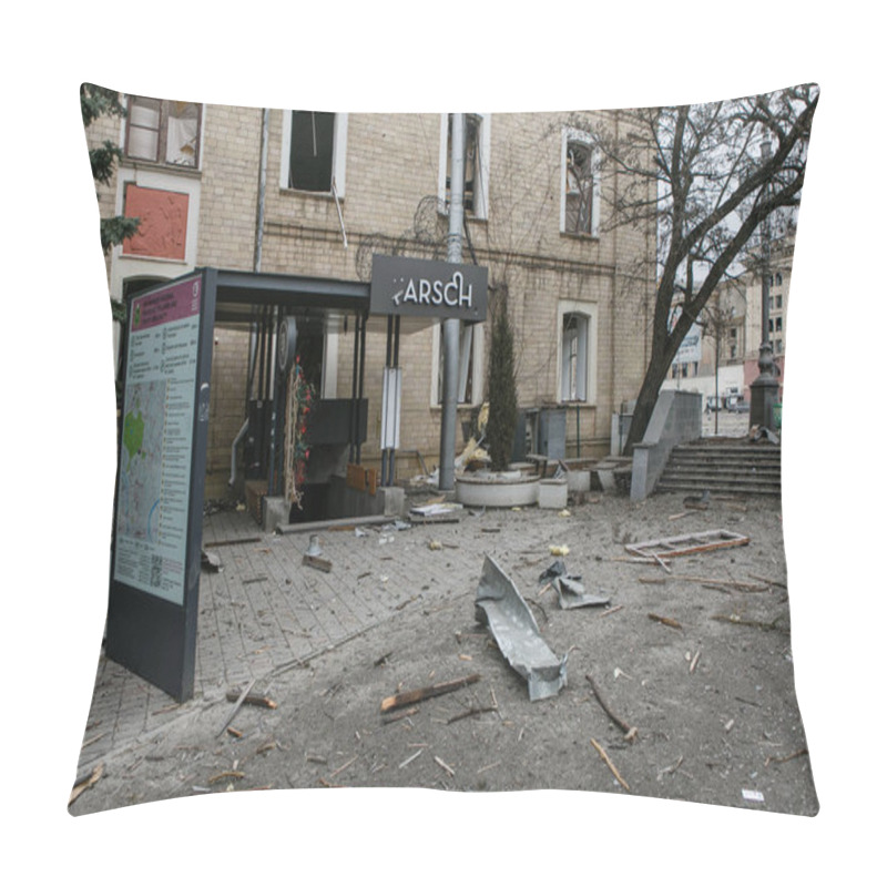 Personality  UKRAINE, KHARKIV, 01 MARCH 2022: View Of The Ruined City Center Of Kharkiv. Russia's Invasion Of Ukraine. Pillow Covers