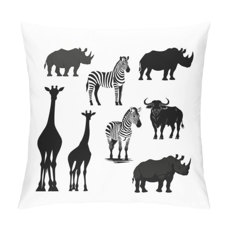 Personality  Silhouettes Of African Wildlife Including Giraffes, Zebras, And Rhinos On A White Background Pillow Covers