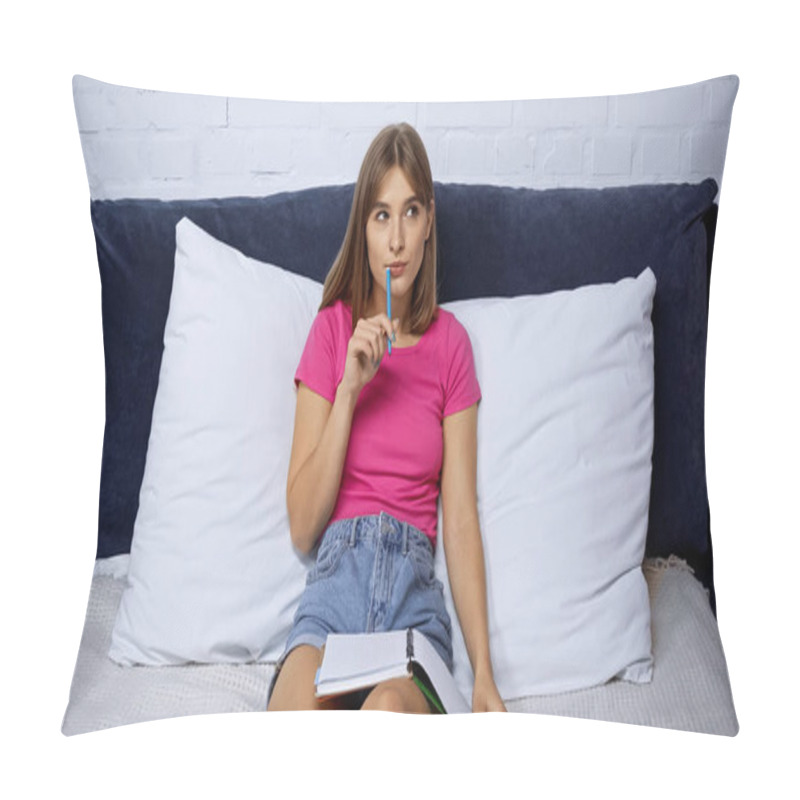 Personality  Pensive Young Woman Holding Pen Near Notebook While Resting In Bedroom Pillow Covers