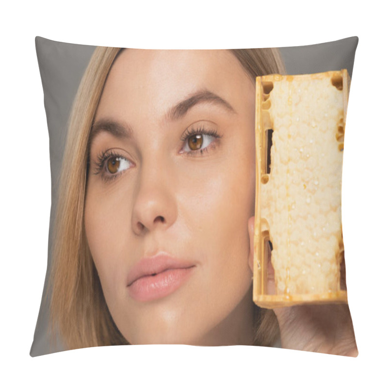 Personality  Close Up Of Young Woman Holding Sweet Honey In Honeycomb Isolated On Grey  Pillow Covers