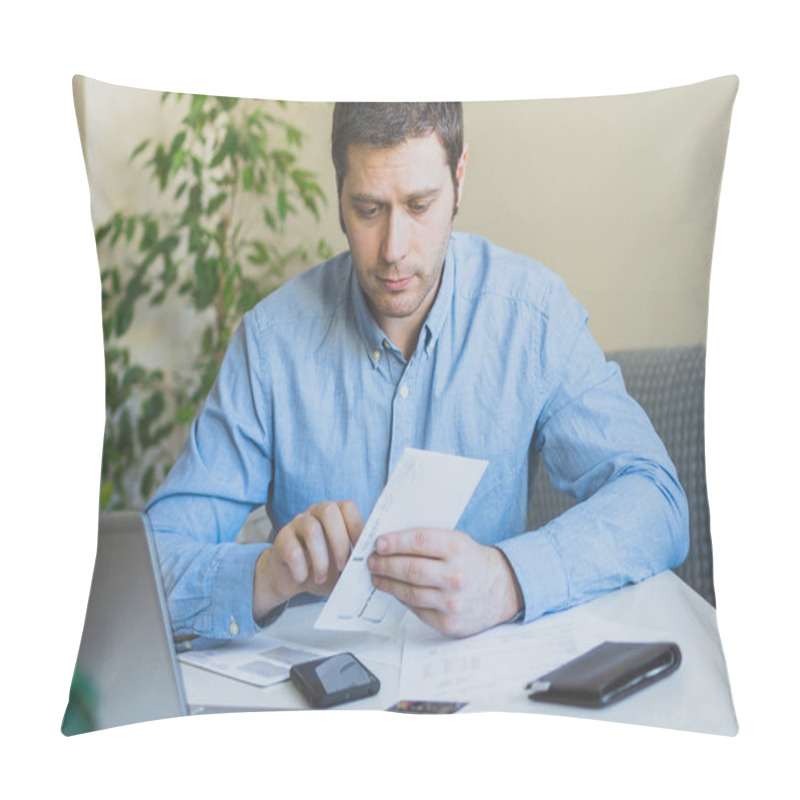 Personality  Handsome Man Opening His Monthly Bills At Home. Pillow Covers