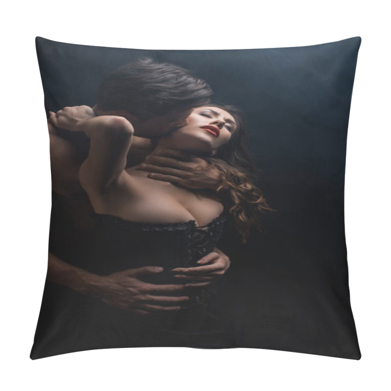 Personality  Shirtless Man Kissing And Hugging Sensual Woman In Corset Isolated On Black Pillow Covers