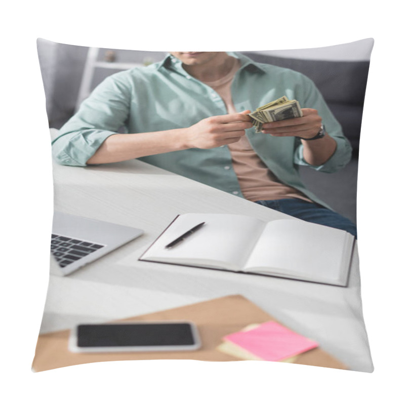 Personality  Cropped View Of Man Holding Cash Near Digital Devices And Notebooks On Table At Home, Earning Online Concept Pillow Covers