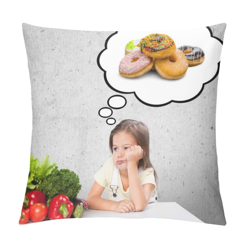 Personality  Girl Choicing  Between Vegetables And  Donuts Pillow Covers