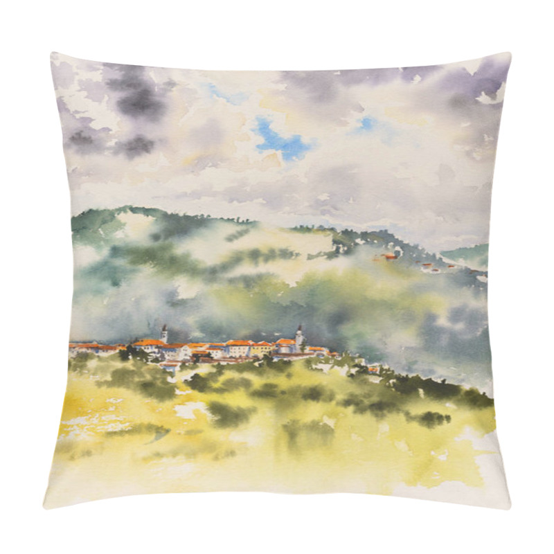 Personality  Aerial View Of Vipavski Kriz Town In The Littoral Region Of Slovenia. Picture Created With Watercolors. Pillow Covers