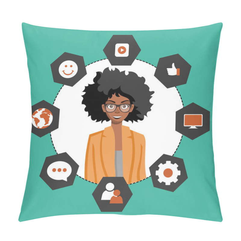 Personality  Woman Presenting Customer Relationship Management. System For Managing Interactions With Current And Future Customers. Flat Vector Illustration. Pillow Covers