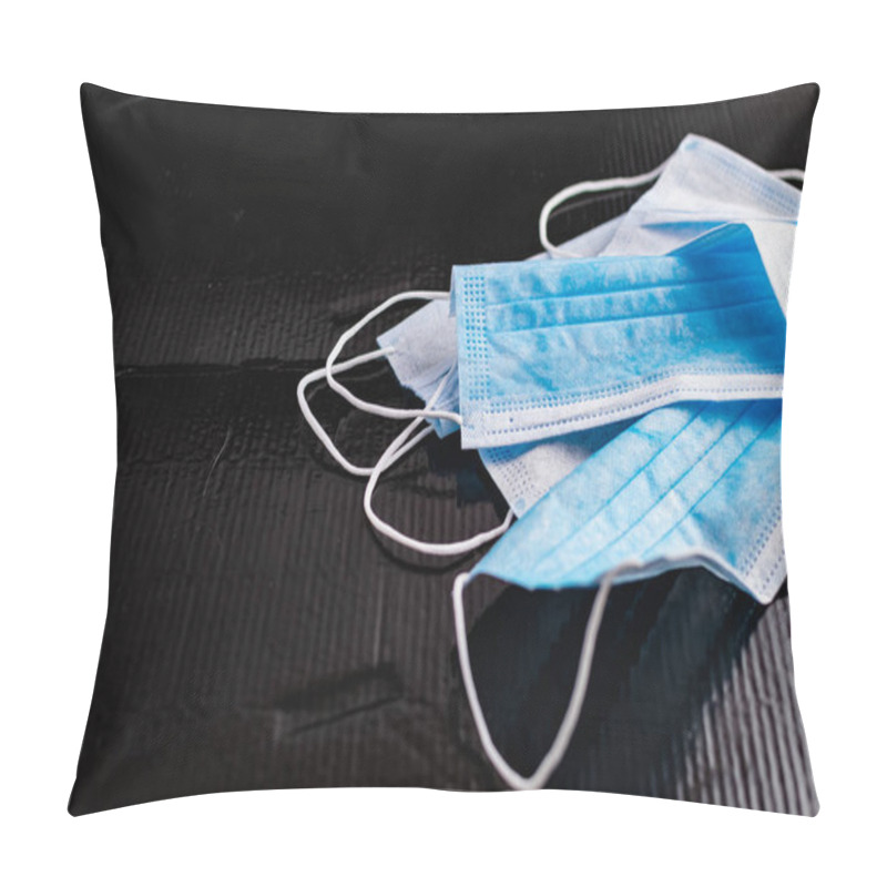 Personality  Disposable Medical Masks To Protect Against Infections And Viruses. White And Blue Layers With Elastic Bands For Ears, On A Black Background Pillow Covers