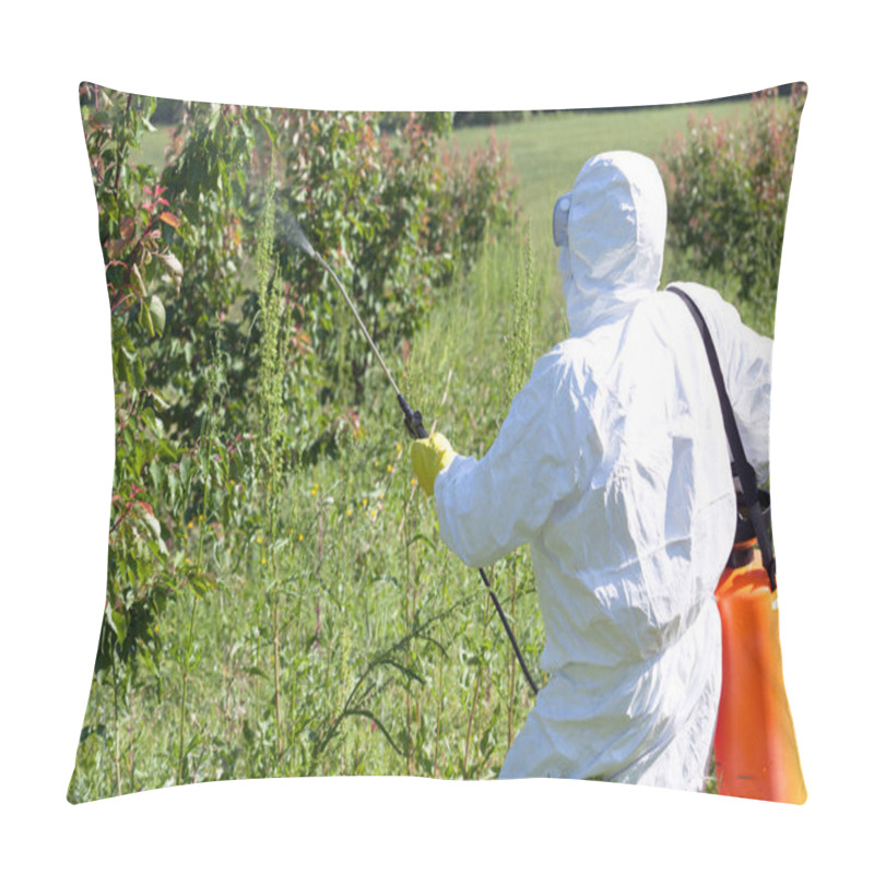 Personality  Farmer Spraying Toxic Pesticides Or Insecticides In Fruit Orchard Pillow Covers