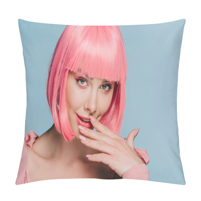 Personality  Surprised Attractive Girl Posing In Pink Wig Isolated On Blue Pillow Covers