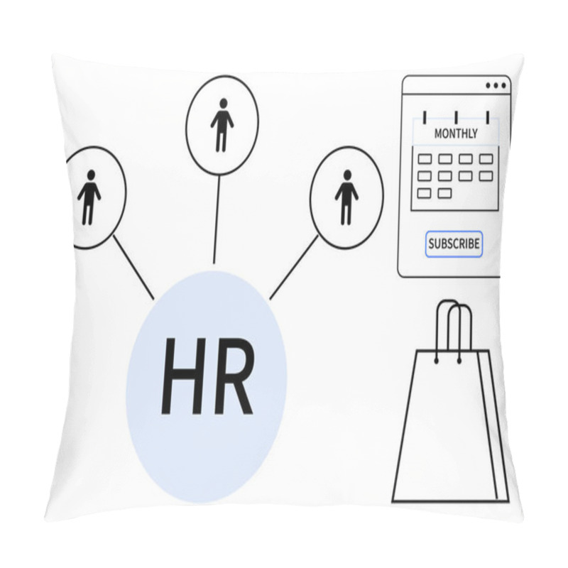 Personality  HR Letters Linked To Three Employee Icons, Monthly Calendar With Subscribe Button, Shopping Bag. Ideal For HR Processes, Employee Management, Subscriptions, E-commerce, Task Planning, Business Pillow Covers