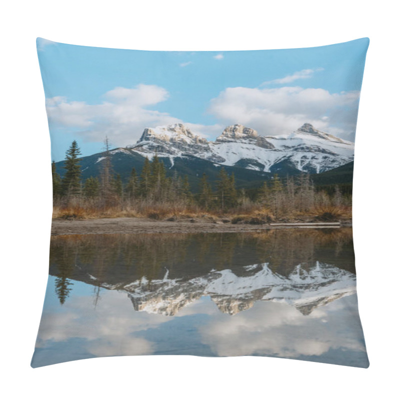 Personality  Breathtaking View Of The Iconic Three Sisters Mountain Peaks Reflection In Policeman's Creek Calm Water While Sunset. Canmore, Alberta, Canada. Pillow Covers