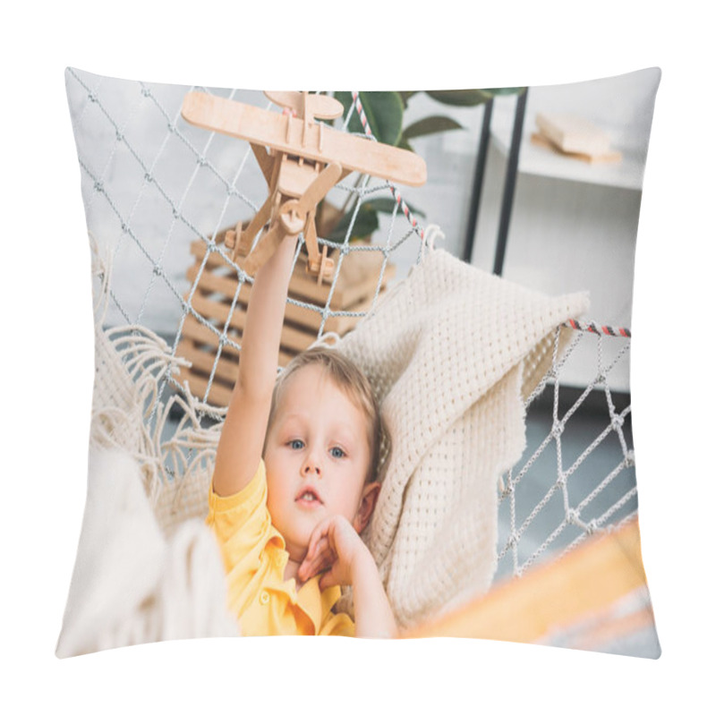 Personality  Happy Boy Playing With Wooden Airplane Toy In Hammock  Pillow Covers