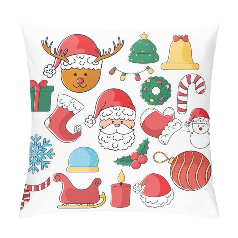 Personality  Festive Collection Of Christmas Decorations Featuring Reindeer, Santa, Snowman, And Wreath For Seasonal Designs. Vector Illustration Pillow Covers