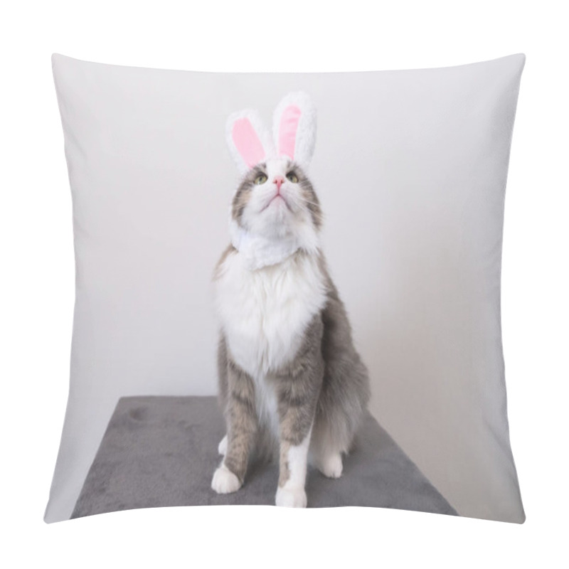 Personality  Cute Funny Gray Cat In Bunny Ears Sits On A White Background. Cat In Suit For Easter. Pillow Covers