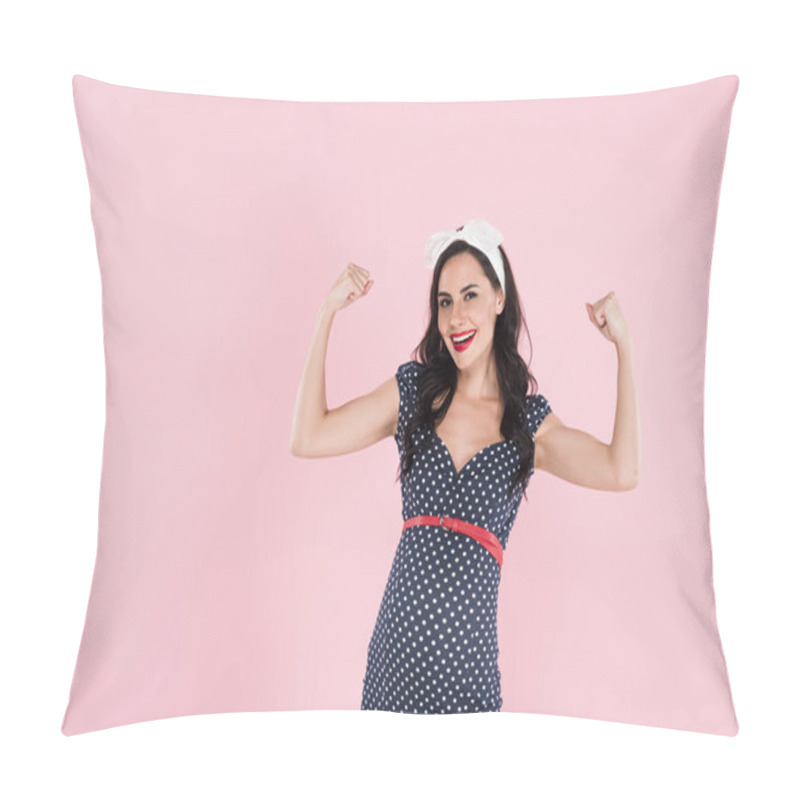 Personality  Happy Pregnant Woman In Dress Showing Yes Gesture Isolated On Pink  Pillow Covers