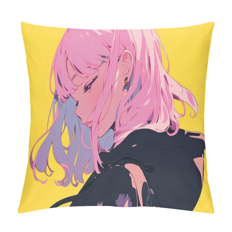 Personality  A Detailed Anime-style Illustration Of A Pink-haired Girl With A Yellow Backdrop, Exuding Elegance And Style. Pillow Covers