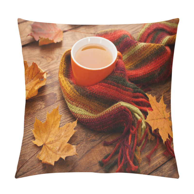 Personality  Autumn Leaves, Book And Cup Of Tea On Wooden Table In Studio Pillow Covers