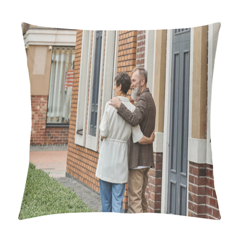 Personality  Senior Man With Beard Hugging Woman, Husband And Wife Near Building, Urban, Street, Happy, Romance Pillow Covers