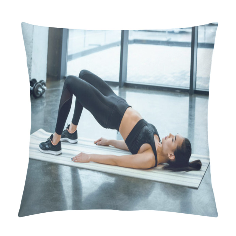 Personality  Young Sporty Woman Doing Hip Raise At Gym Pillow Covers