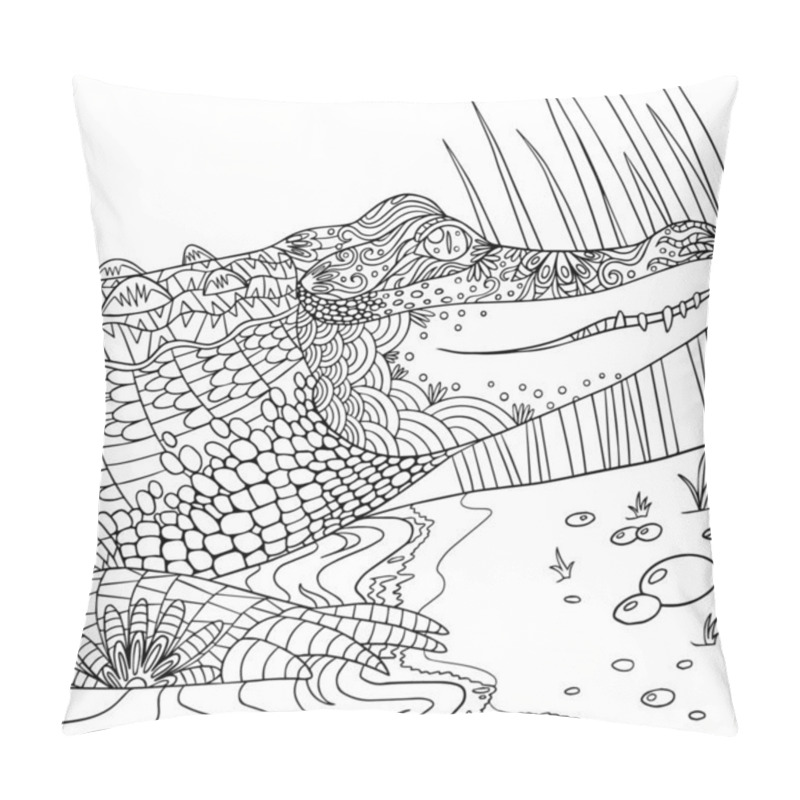 Personality  Hand Drawn Vector Illustration Of A Crocodile. Wildlife Nature. Line Art For Coloring Book Pages For Adult. Cartoon Crocodile Isolated On White. Pillow Covers