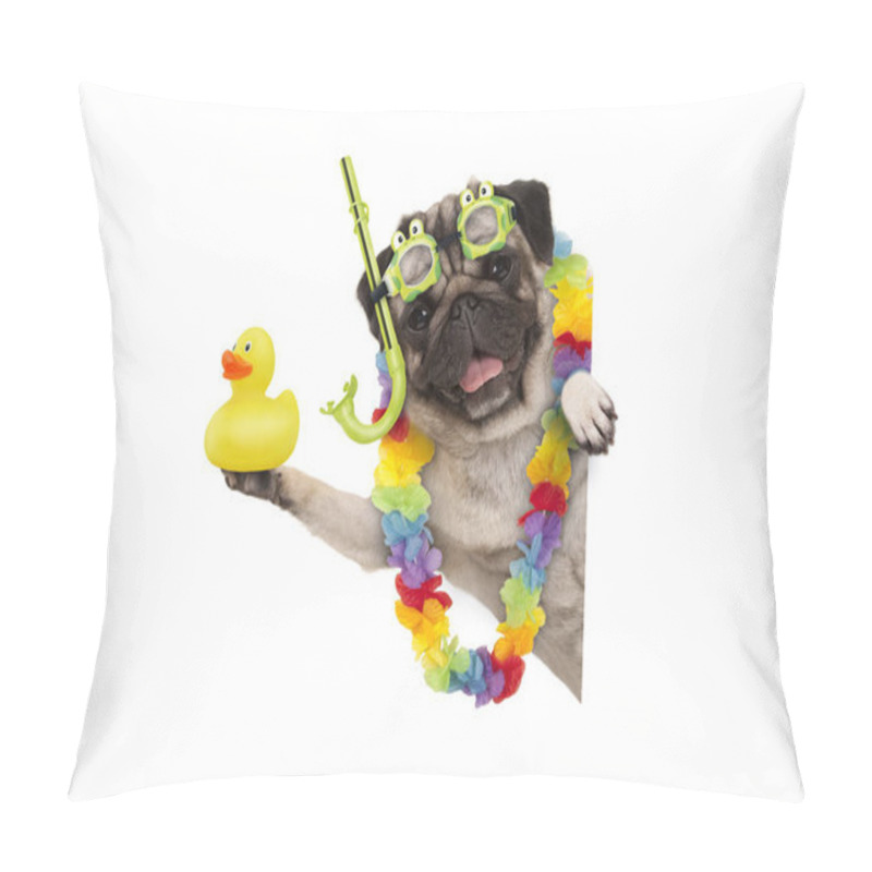 Personality  Funny Summer Pug Dog With Hawaiian Flower Garland, Snorkel And Goggles, Holding Up Yellow  Ducky, Isolated On White Background Pillow Covers