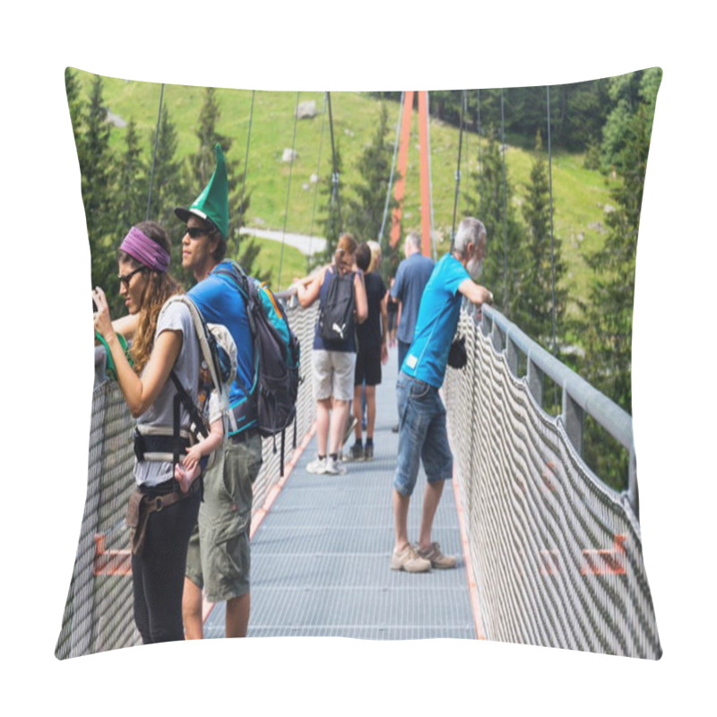 Personality  HINTERGLEMM, AUSTRIA - AUGUST 10: People On Alpine Golden Gate Suspension Bridge In Saalbach-Hinterglemm Valley, Alps Mountains On August 10, 2015 In Hinterglemm, Austria. Pillow Covers