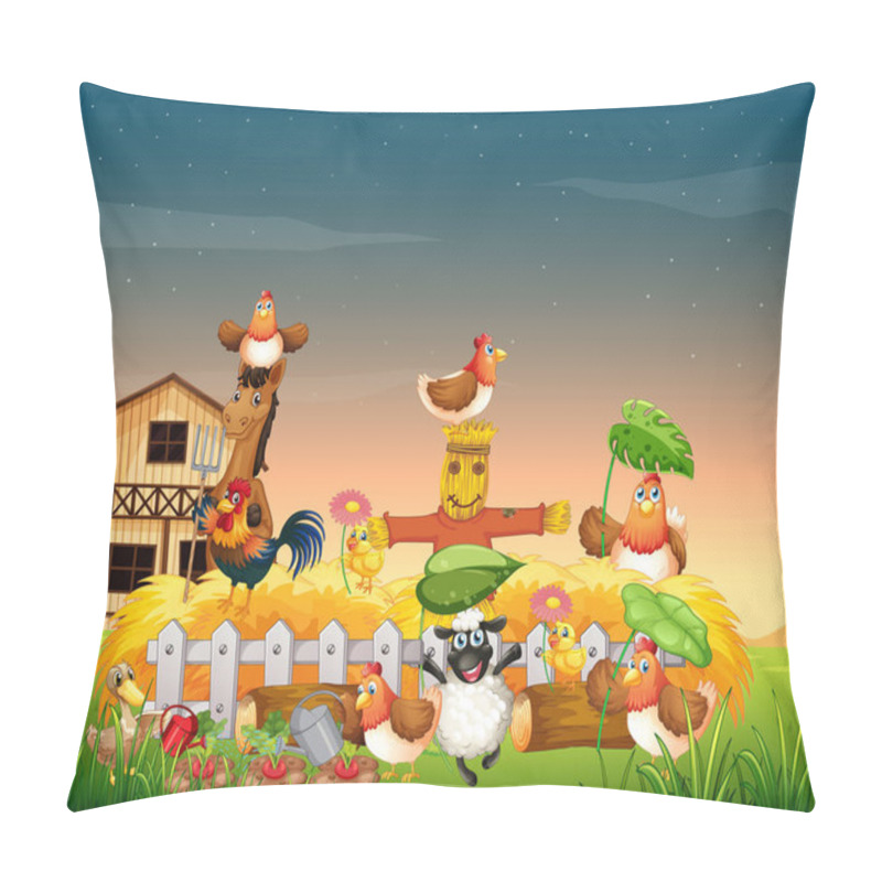 Personality  Farm Scene With Animal Farm Cartoon Style Illustration Pillow Covers