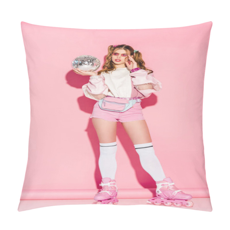 Personality  Attractive Girl Touching Sunglasses And Holding Shiny Disco Ball While Standing In Roller-skates On Pink Pillow Covers