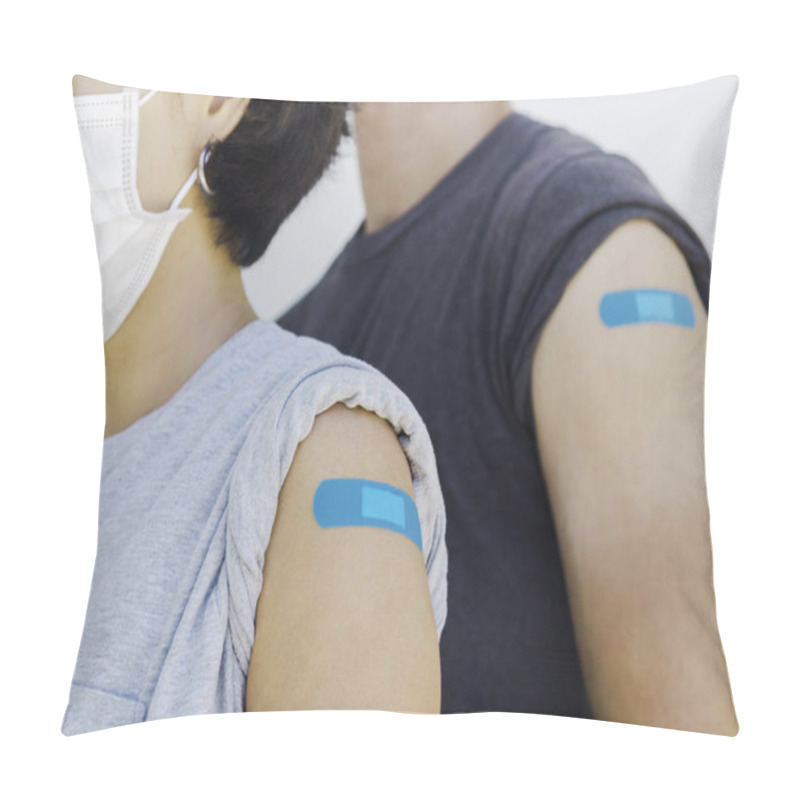 Personality  Vaccinations, Bandage Plaster On Vaccinated People Concept. Blue Adhesive Bandages On A Woman's Shoulder Who Wearing Grey Shirt Next To A Man In Dark Shirt, After Vaccination Treatment. Pillow Covers