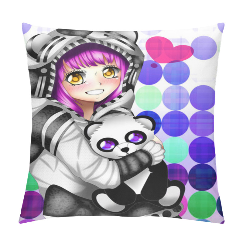 Personality  Portrait Of A Girl With A Sweeter Of Panda, Anime Style. Pillow Covers