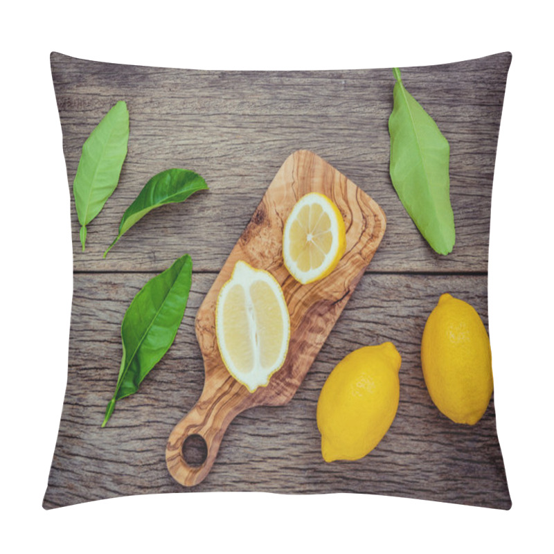 Personality  Fresh Lemons And  Lemons Leaves On Rustic Wooden Background. Fre Pillow Covers